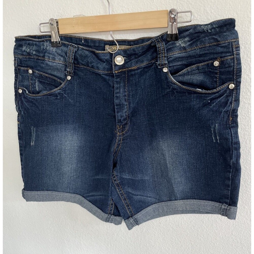 Out Jeans Denim Cuffed Shorts Womens Sz18 Dark Wash Blue Y2K Bling Embellished